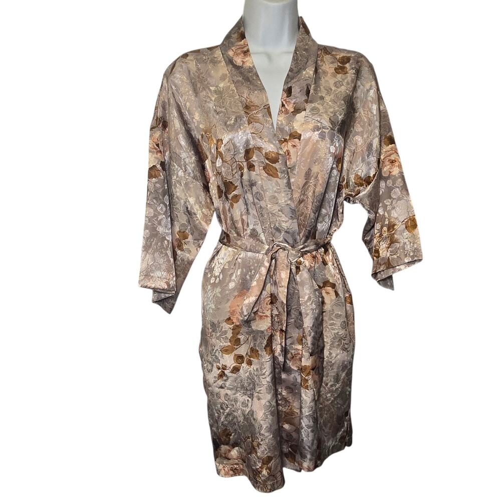 Vintage LA Intimates Satin Floral Belted Robe Womens USA‎ Brown Rose Gold Small